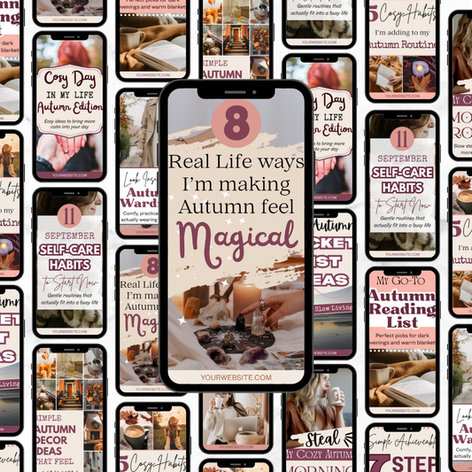 Collage of smartphone screens with various autumn-themed Pinterest pin templates and lifestyle images.