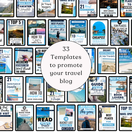 Preview of 33 Pinterest pin templates designed for travel bloggers in Canva