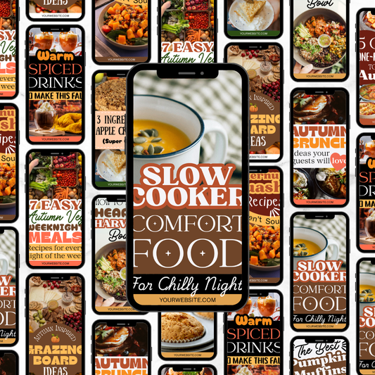 Close-up mockup of Pinterest templates featuring autumn recipe titles like cozy stews, pumpkin muffins, and apple crumble, shown in Canva.
