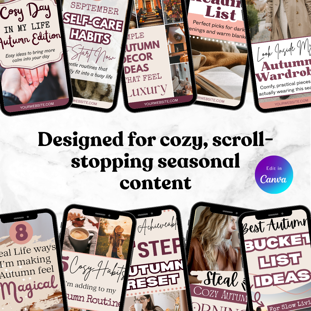 Collage of smartphone screens with autumn-themed Pinterest templates and promotional text.