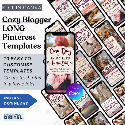 Cozy Blogger LONG Pinterest Templates with customizable design elements on a white background.