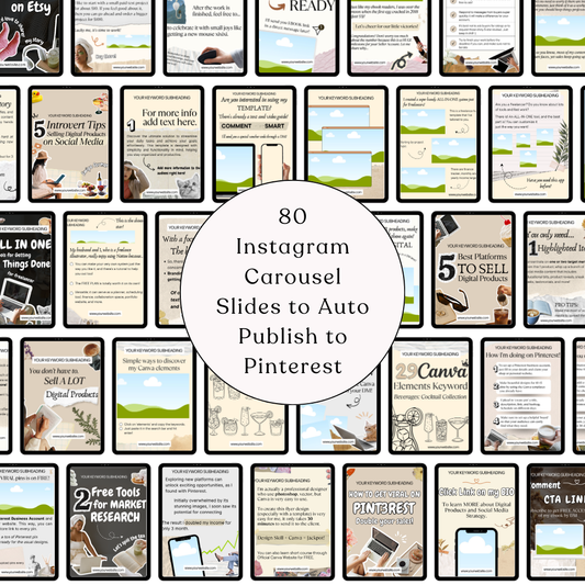 Grid preview of 80 Instagram carousel slides optimised for Pinterest auto-publishing