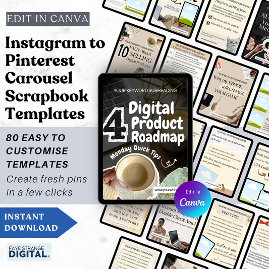 nstagram to Pinterest carousel templates shown on tablet with scrapbook-style Canva designs
