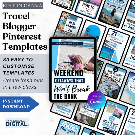 Travel blogger Pinterest templates displayed on tablet with destination-based pin designs