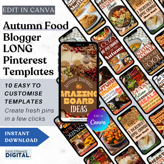 Preview of 10 cozy autumn Pinterest templates for food bloggers, shown in a warm colour palette with seasonal recipe headlines and easy-to-edit Canva layouts.